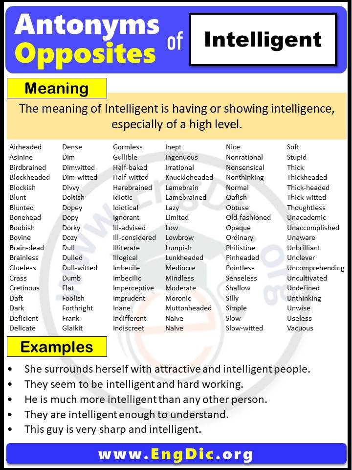 Opposite of Intelligent, Antonyms of Intelligent with meaning and Example Sentences in English PDF