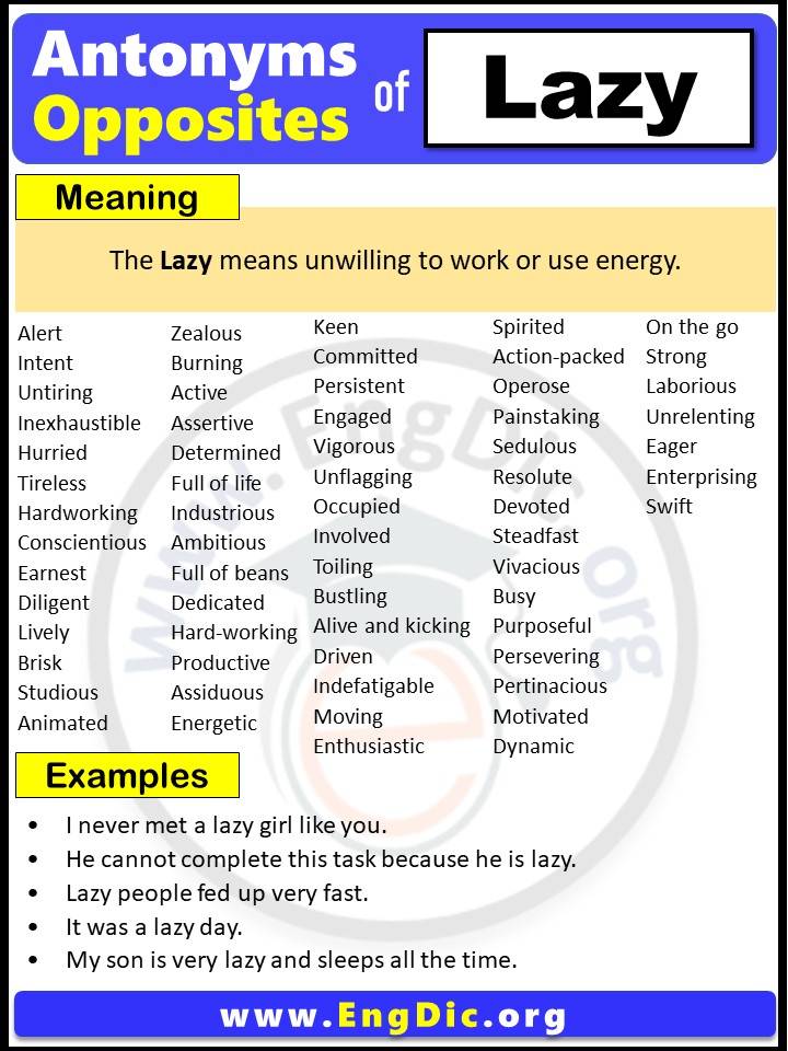Opposite of Lazy, Antonyms of Lazy, Lazy meaning and Example Sentences in English PDF