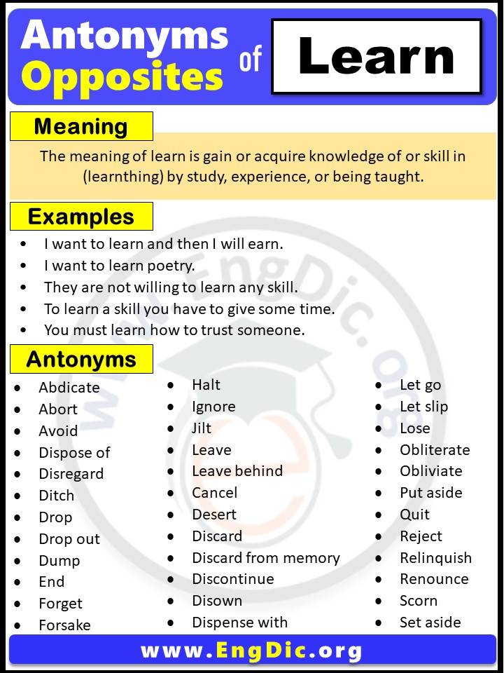 Opposite of Learn, Antonyms of learn with meaning and Example Sentences in English PDF
