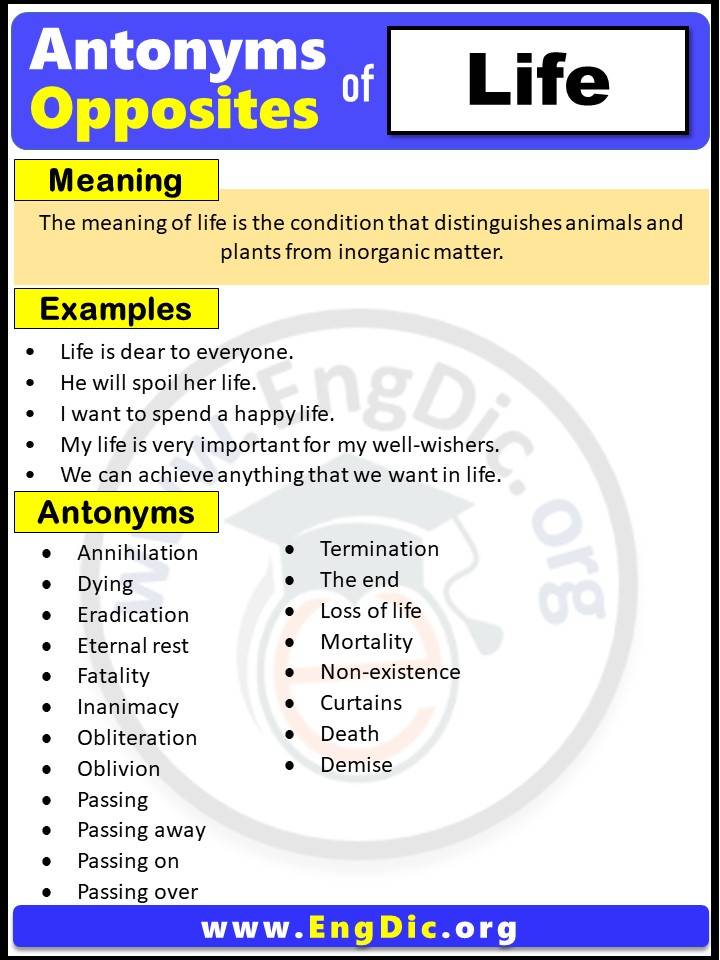 Opposite of Life, Antonyms of life with meaning and Example Sentences in English PDF
