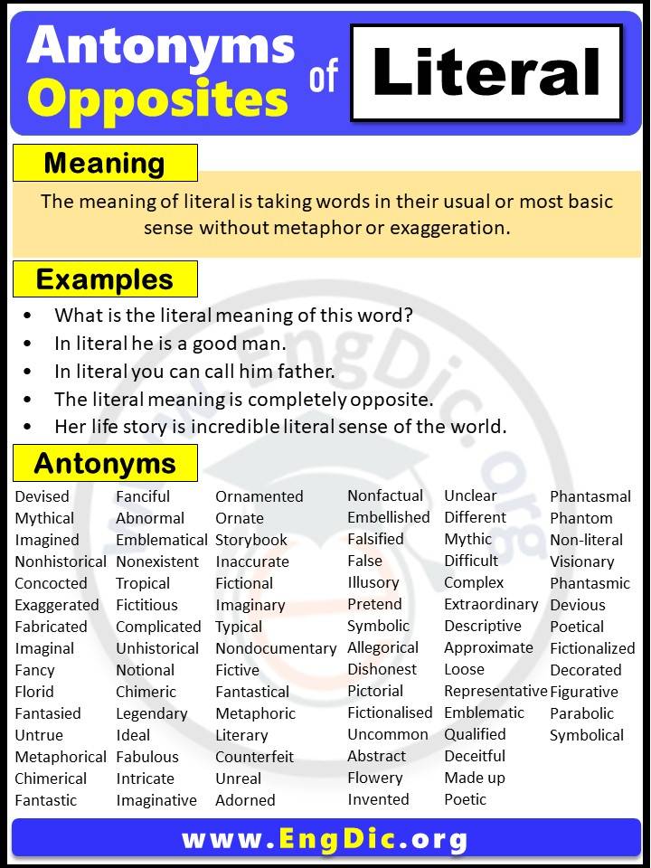 Opposite of Literal, Antonyms of literal with meaning and Example Sentences in English PDF
