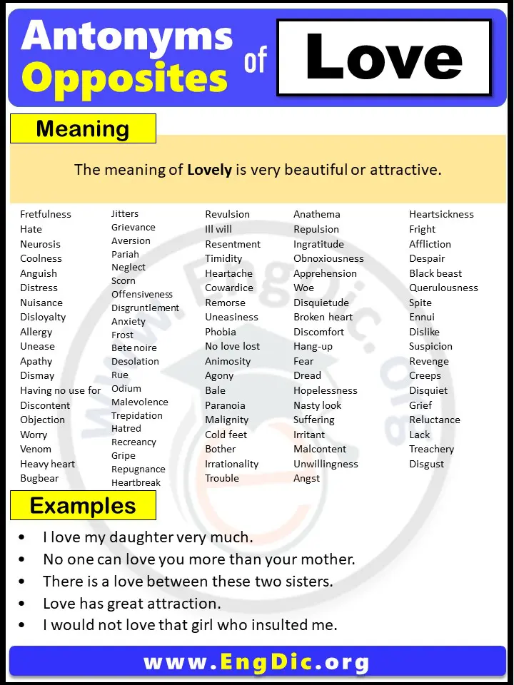 Opposite of Love, Antonyms of Love with meaning and Example Sentences in English PDF