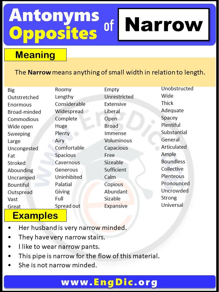 Opposite of Narrow, Antonyms of Narrow, Narrow meaning and Example Sentences in English PDF