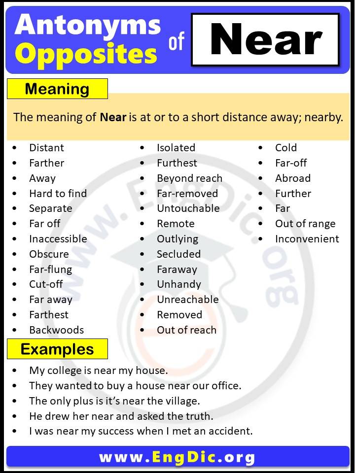 Opposite of Near, Antonyms of Near, Near meaning and Example Sentences in English PDF