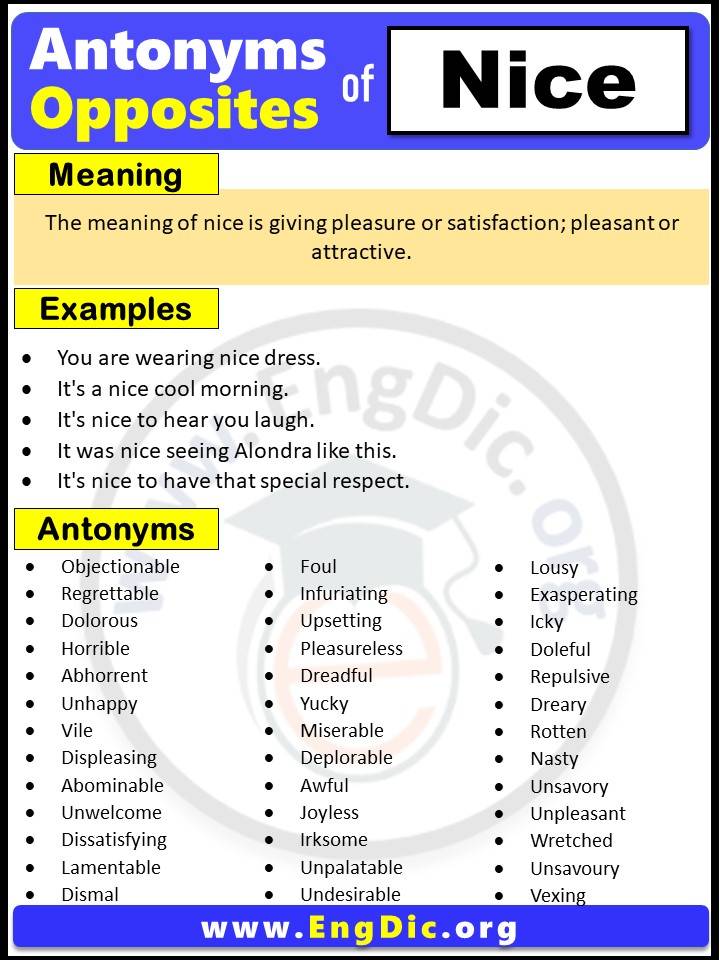 Opposite of Nice, Antonyms of nice with meaning and Example Sentences in English PDF