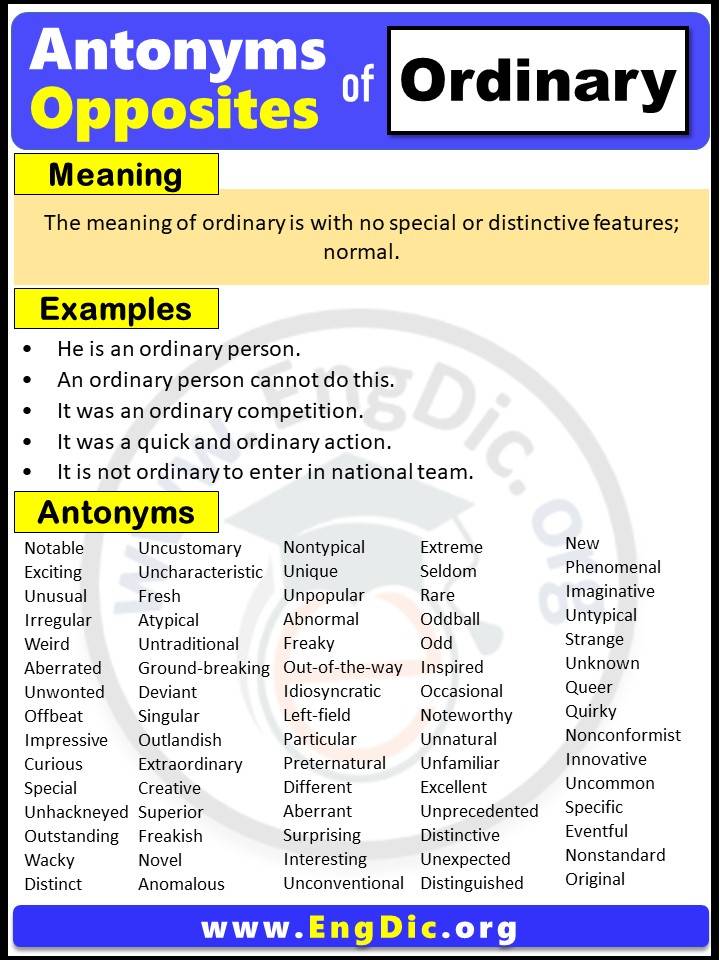 Opposite of Ordinary, Antonyms of ordinary with meaning and Example Sentences in English PDF