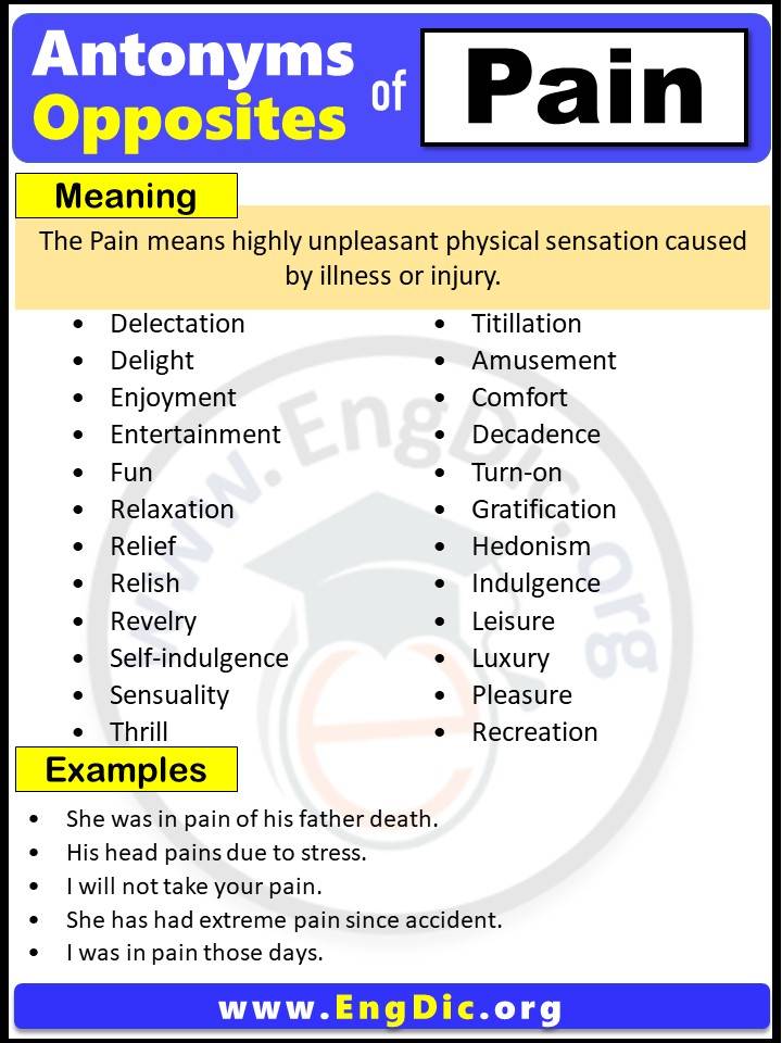Opposite of Pain, Antonyms of Pain with meaning and Example Sentences in English PDF