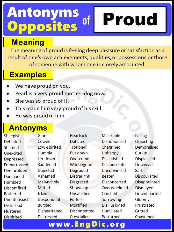 Opposite of Proud, Antonyms of proud with meaning and Example Sentences in English PDF