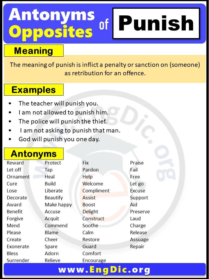 Opposite of Punish, Antonyms of punish with meaning and Example Sentences in English PDF