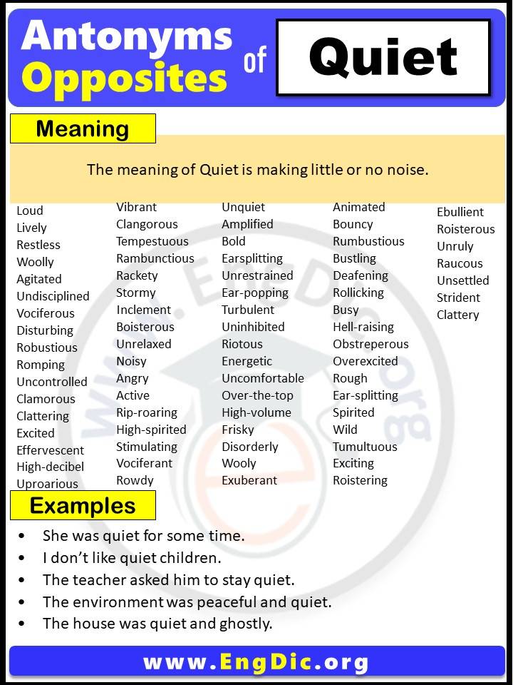 Opposite of Quiet, Antonyms of Quiet with meaning and Example Sentences in English PDF