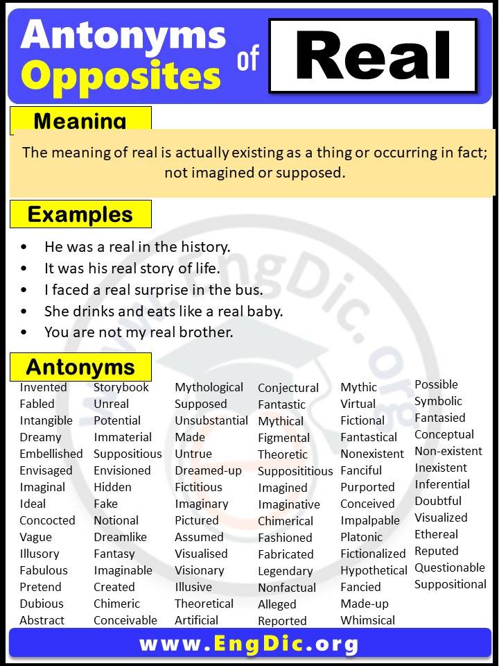 Opposite of Real, Antonyms of real with meaning and Example Sentences in English PDF