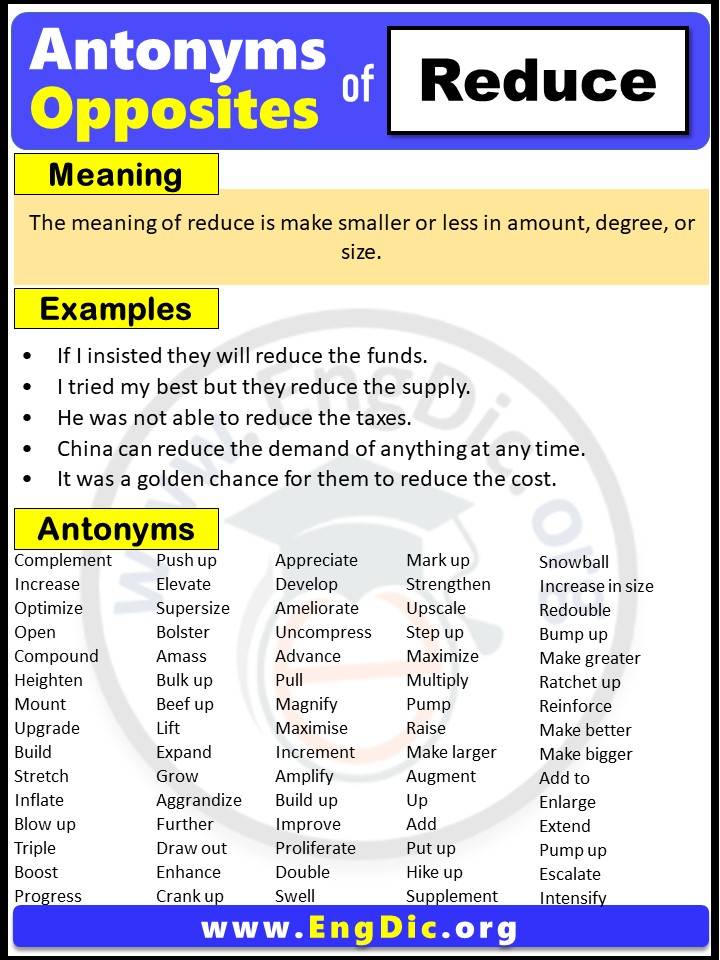 Opposite of Reduce, Antonyms of reduce (Example Sentences)