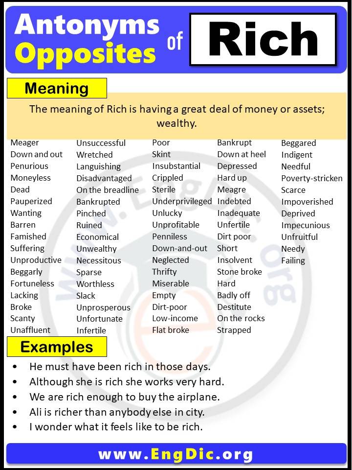 Opposite of Rich, Antonyms of Rich with meaning and Example Sentences in English PDF