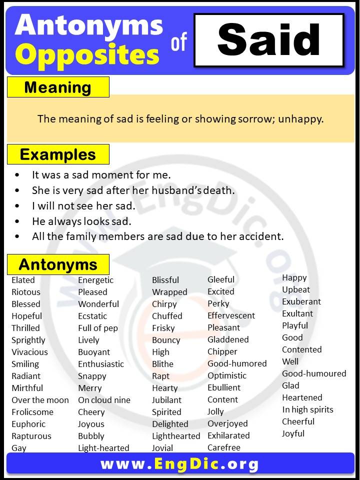 Opposite of Sad, Antonyms of sad with meaning and Example Sentences in English PDF