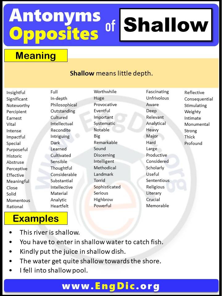 Opposite of Shallow, Antonyms of Shallow with meaning and Example Sentences in English PDF