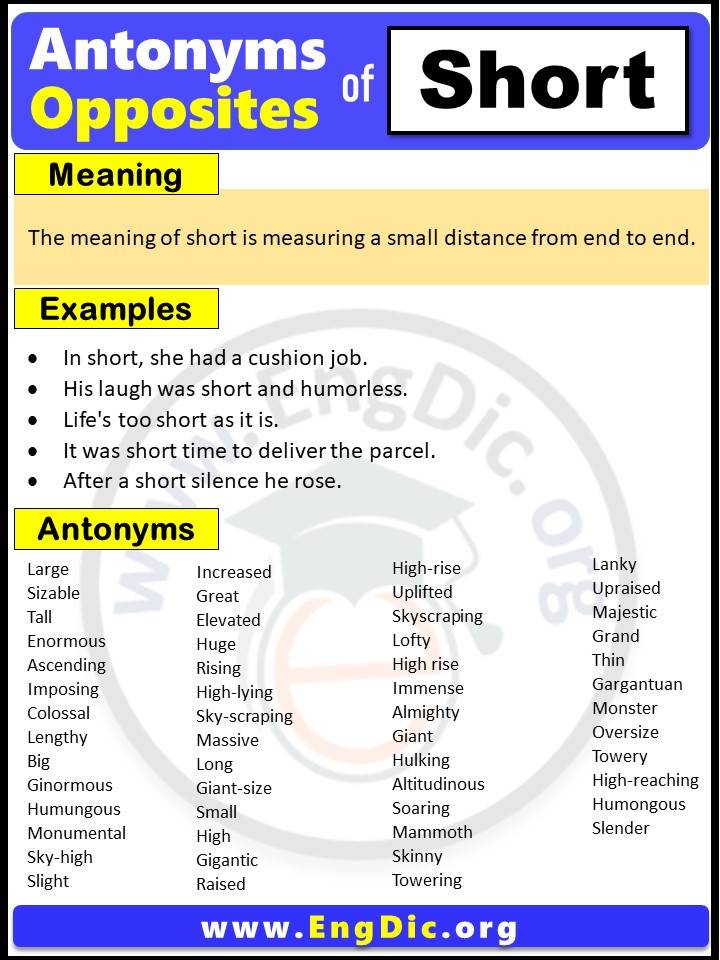 Opposite of Short, Antonyms of short with meaning and Example Sentences in English PDF