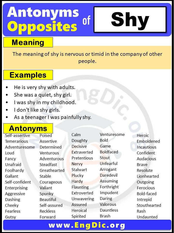 Opposite of Shy, Antonyms of shy with meaning and Example Sentences in English PDF