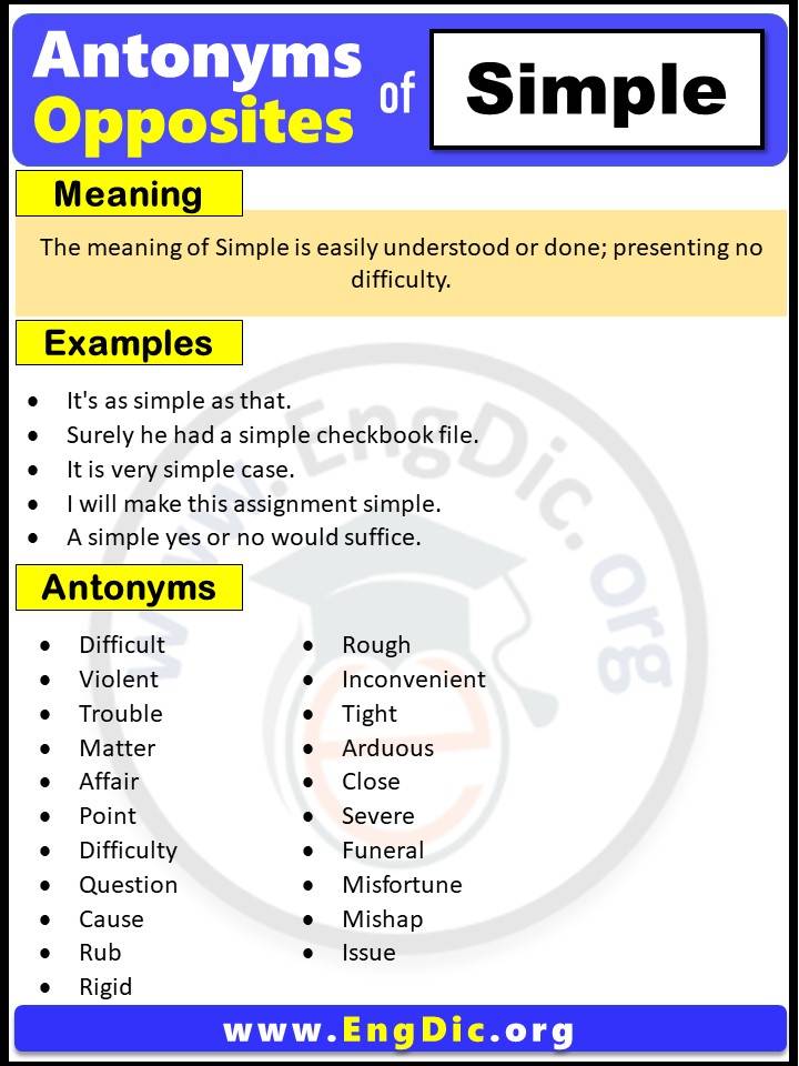 Opposite of Simple, Antonyms of Simple with meaning and Example Sentences in English PDF