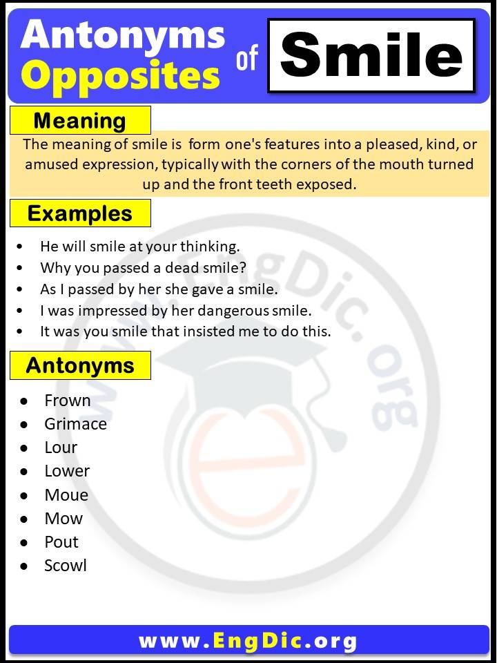 Opposite of Smile, Antonyms of smile with meaning and Example Sentences in English PDF