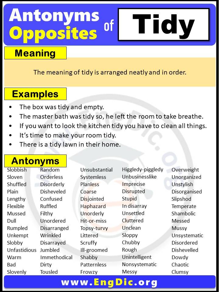 Opposite of Tidy, Antonyms of tidy with meaning and Example Sentences in English PDF
