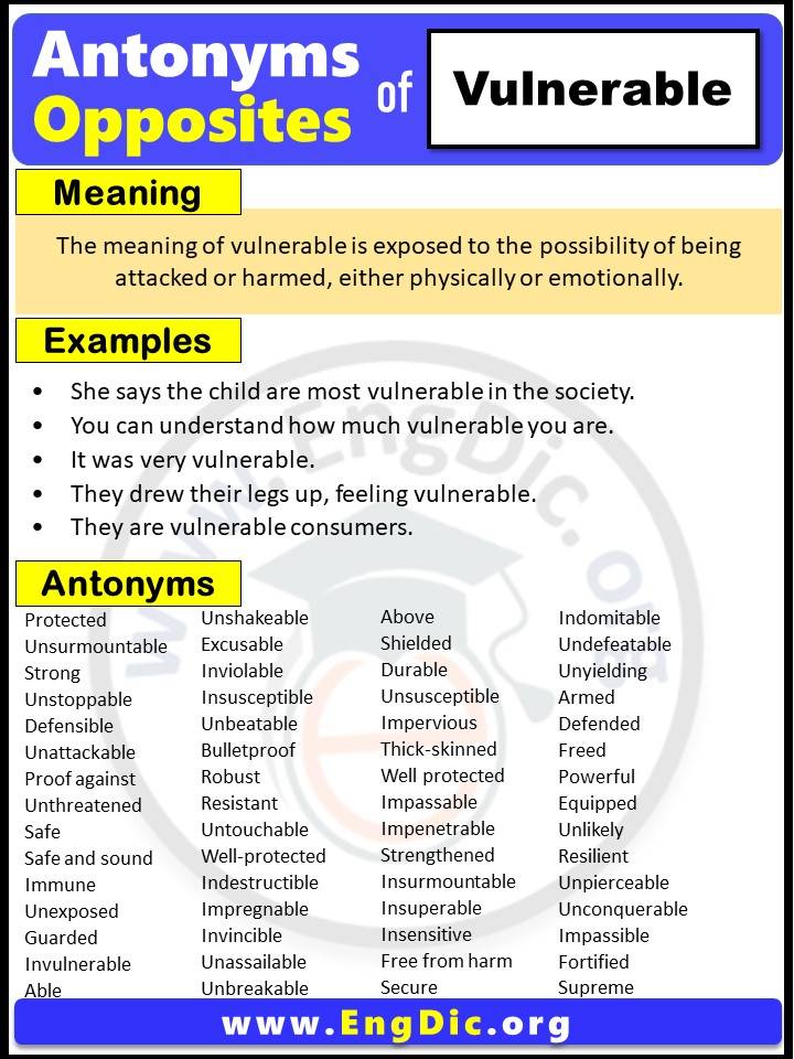 Opposite of Vulnerable, Antonyms of vulnerable with meaning and Example Sentences in English PDF