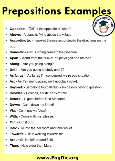 100 Important Preposition List and Using Example Sentences - EngDic