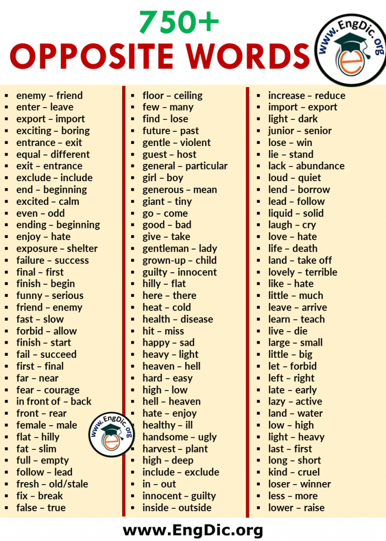 +750 Opposite Words List in English - EngDic