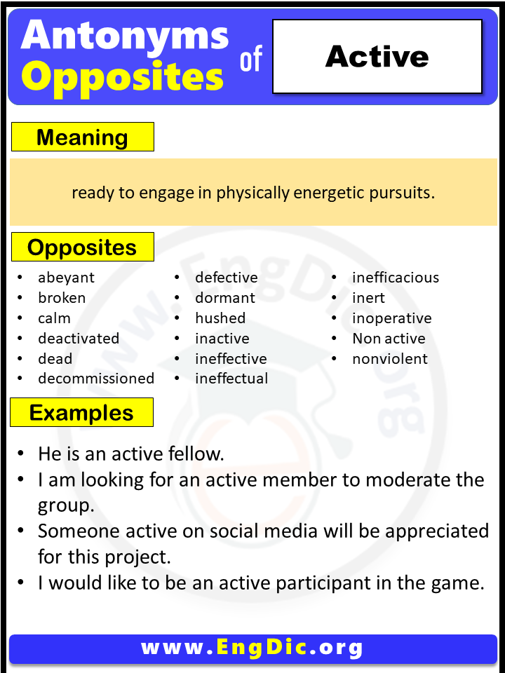Opposite Of Active Antonyms Of Active Example Sentences EngDic