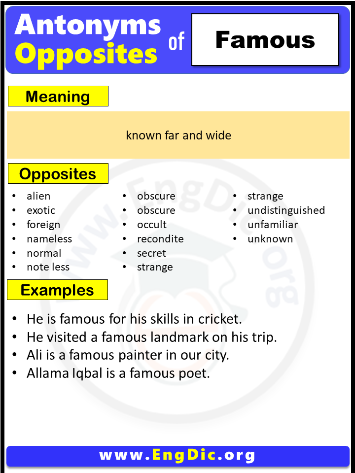 Opposite Of Famous, Antonyms of Famous, Meaning and Example Sentences
