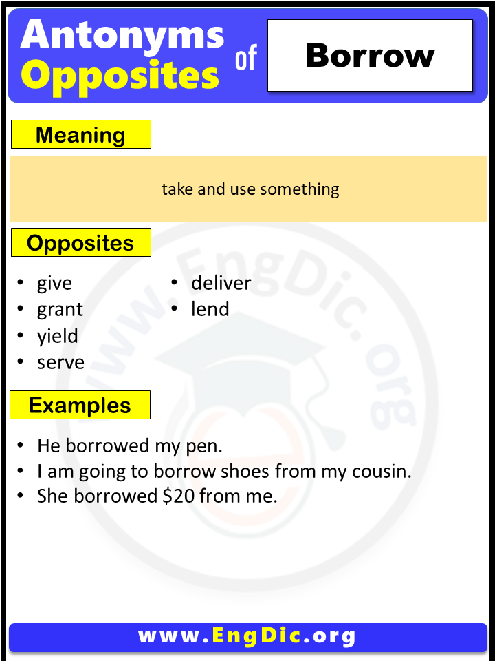 Opposite Of Borrow Antonyms of Borrow Example Sentences EngDic