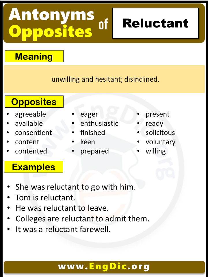 Opposite of Reluctant, Antonyms of Reluctant (Example Sentences)