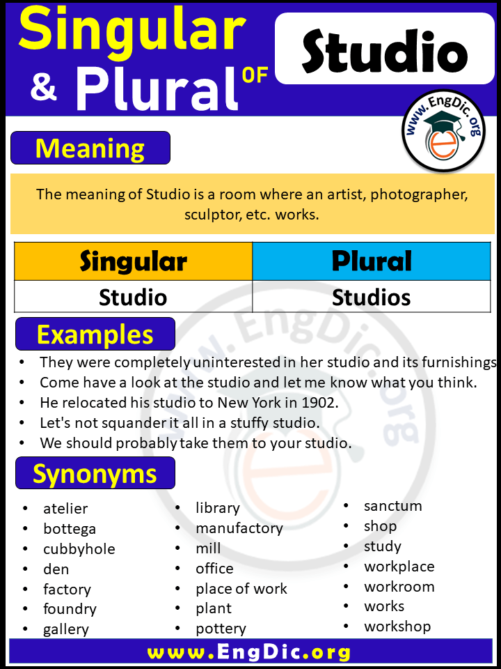 Plural of Studio | Singular of Studios | Meaning, synonyms & singular plural of Studio