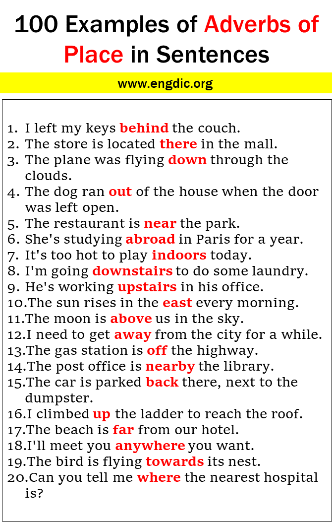 100 Examples of Adverbs of Place in Sentences 1