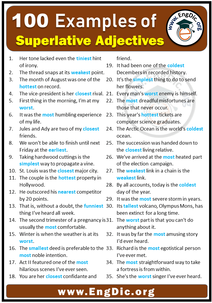 100 Examples Of Superlative Adjectives In Sentences EngDic