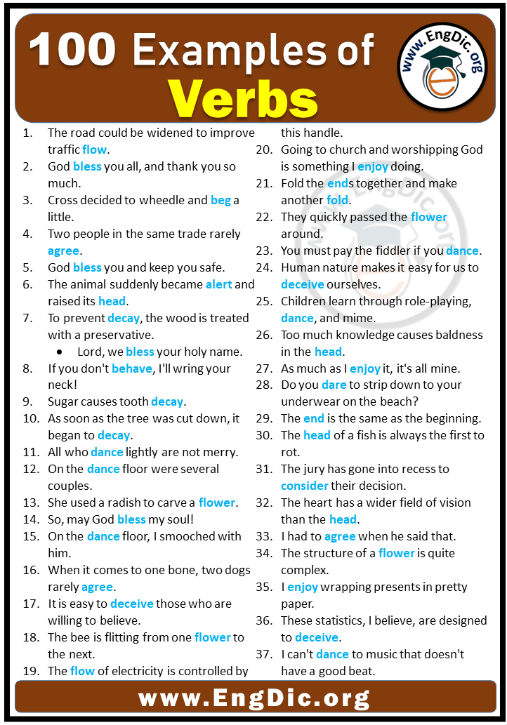 100 Examples of Verbs in Sentences PDF - EngDic