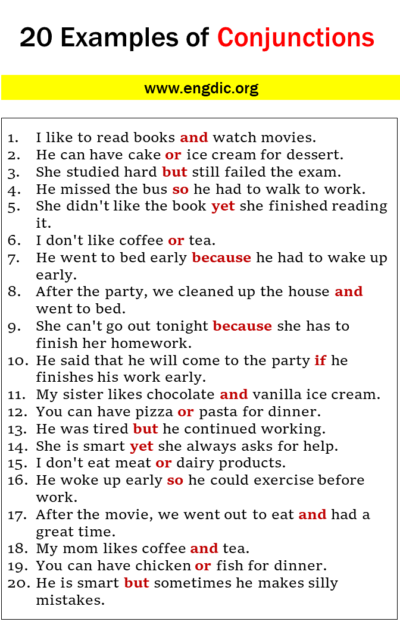 20 Examples of Conjunctions in Sentences - EngDic