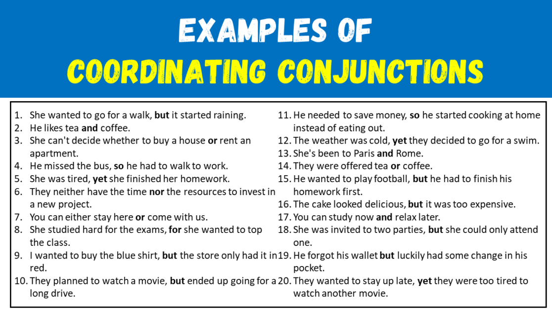 20 Examples of Coordinating Conjunctions in Sentences - EngDic