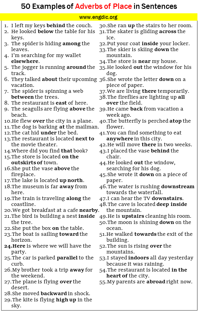50 Examples of Adverbs of Place in Sentences 1