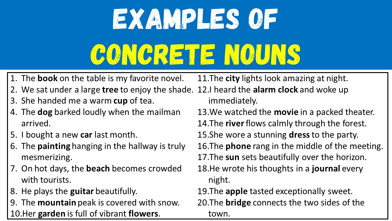 50 Examples of Concrete Nouns in Sentences with Answers
