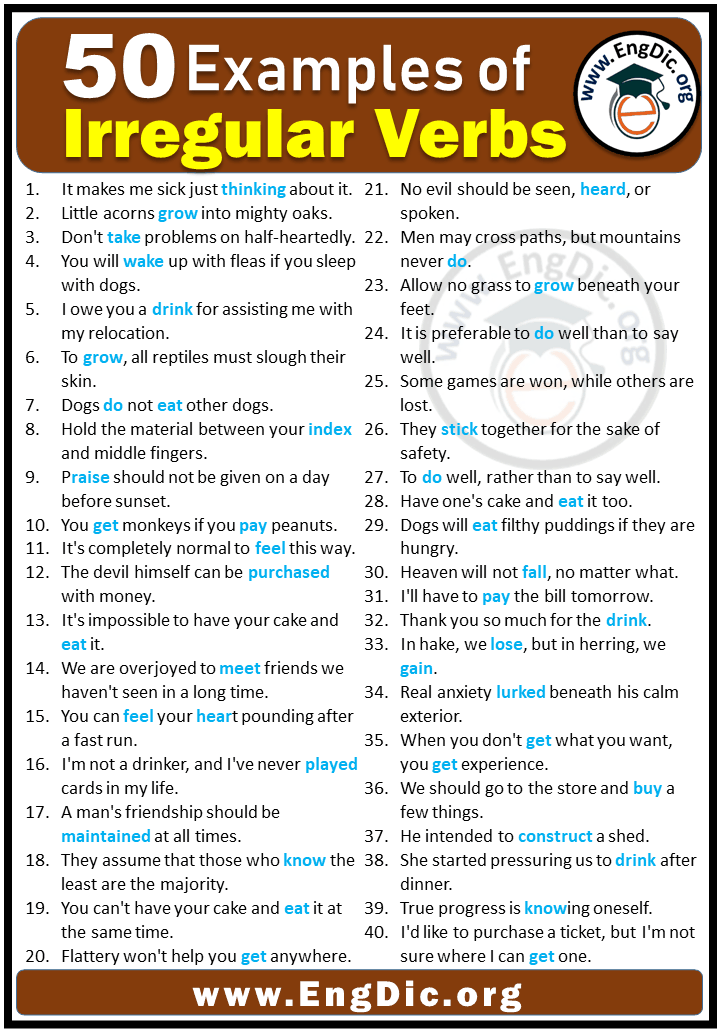 50 Examples Of Irregular Verbs In Sentences EngDic
