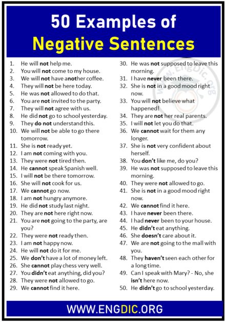 50 Examples Of Negative Sentences - Engdic