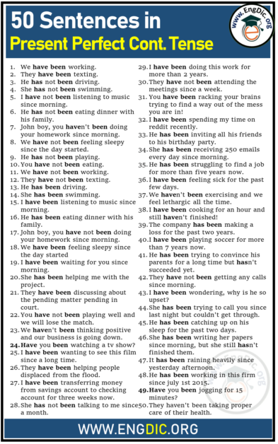 50 Examples of Present Perfect Continuous Tense - EngDic