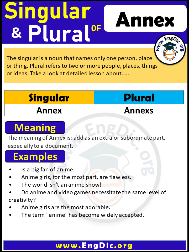 Annex Plural, What is the plural of Annex? Annex Plural, What is the plural of Annex?