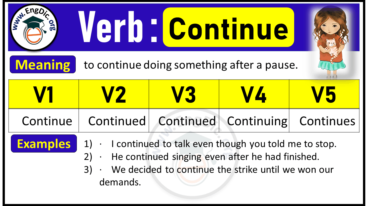 Continue Past Tense, V1 V2 V3 V4 V5 Forms of Continue, Past Simple and Past Participle