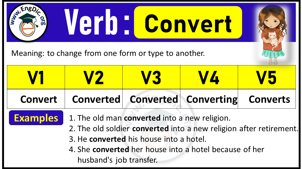 Convert Past Tense, V1 V2 V3 V4 V5 Forms of Convert, Past Simple and Past Participle