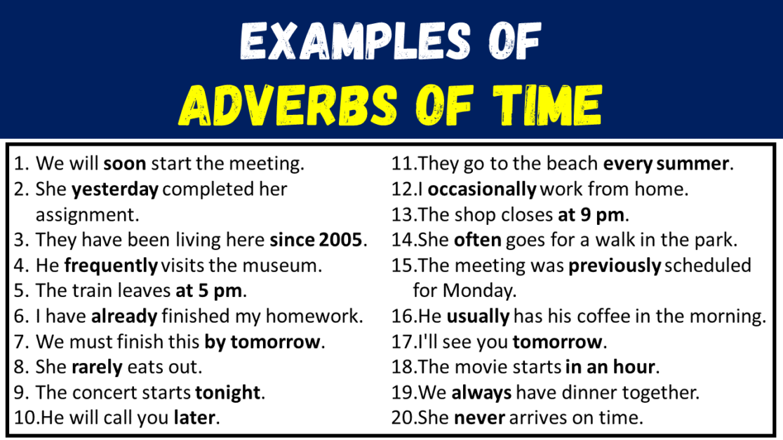 50 Examples of Adverbs of Time in Sentences - EngDic