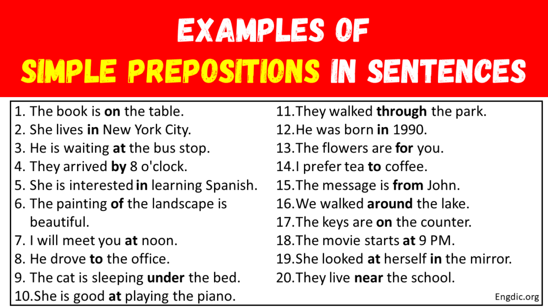 50 Examples of Simple Prepositions in Sentences - EngDic