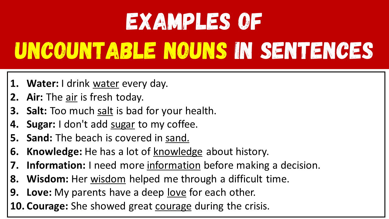 Examples Of Uncountable Nouns In Sentences EngDic