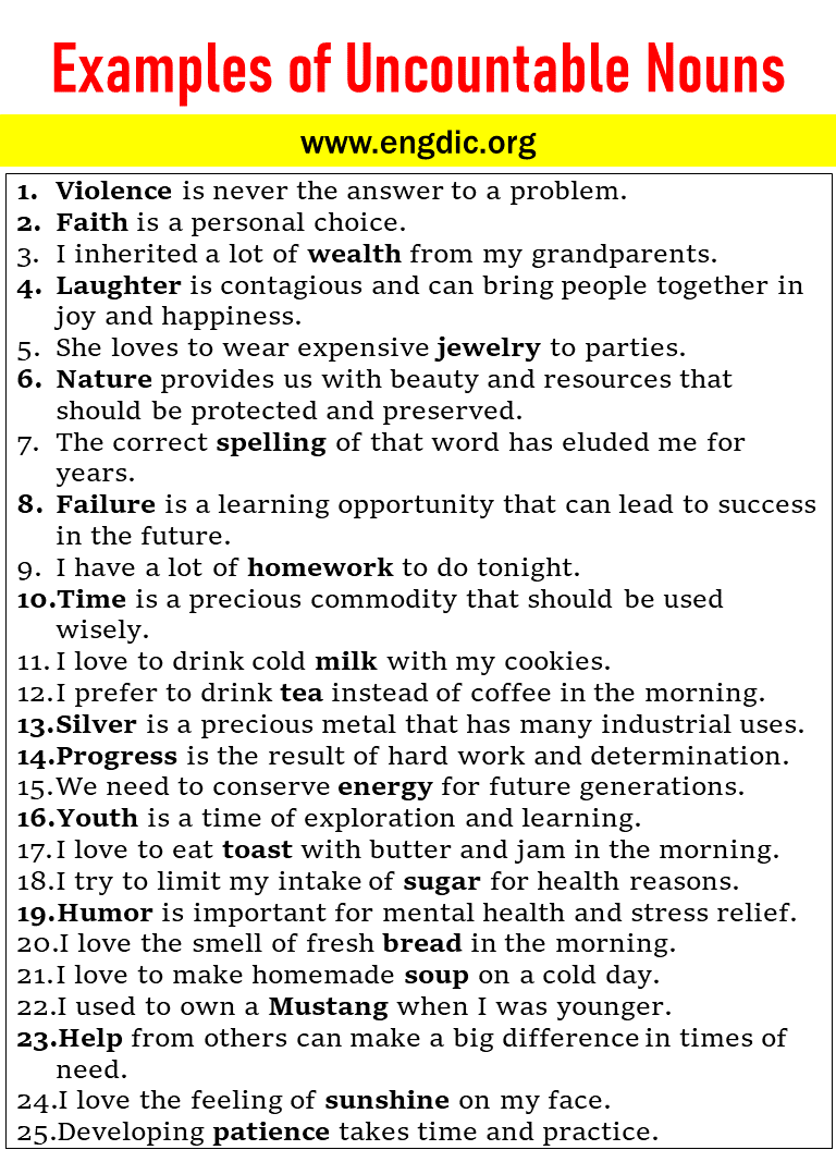 Examples of Uncountable Nouns in sentences picture 1