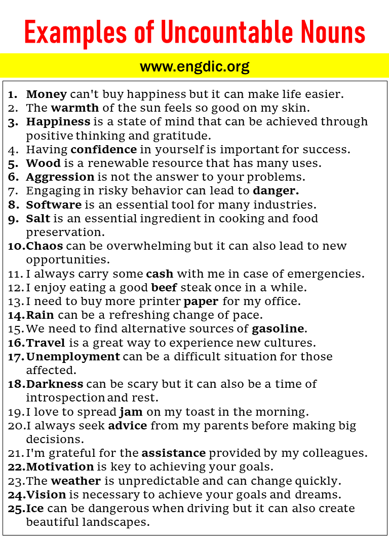 Examples of Uncountable Nouns in sentences picture 2